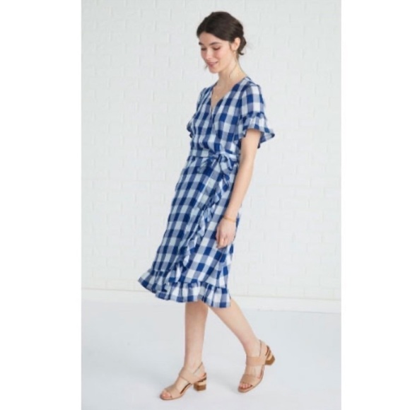 Amour Vert Blue Gingham Wrap Dress Ruffle Hem Midi - Picture 2 of 6